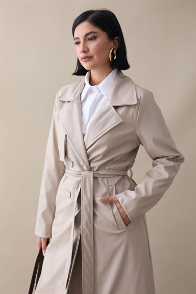 Kemerli Dar Kalıp Deri Trenç Bej