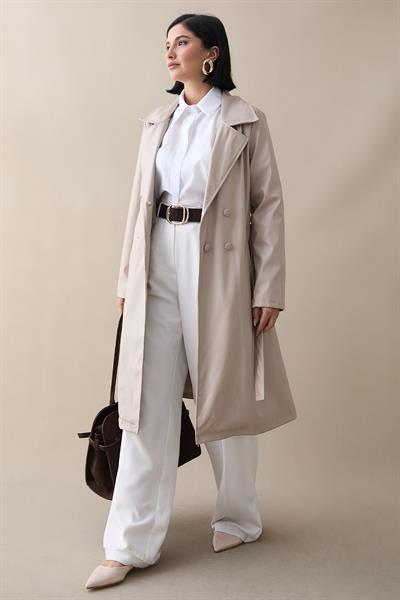 Kemerli Dar Kalıp Deri Trenç Bej