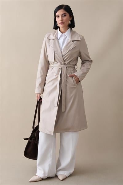 Kemerli Dar Kalıp Deri Trenç Bej