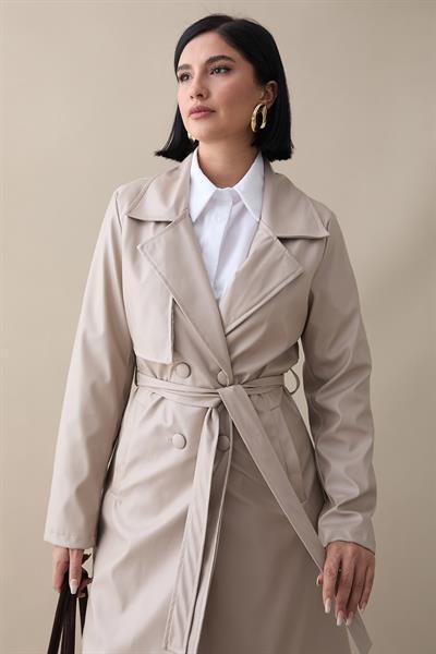 Kemerli Dar Kalıp Deri Trenç Bej