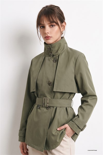Kemerli Dik Yaka Astarlı Haki Kısa Trençkot