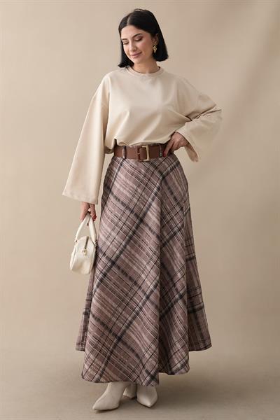 Kemerli Ekose Desenli Bej Etek