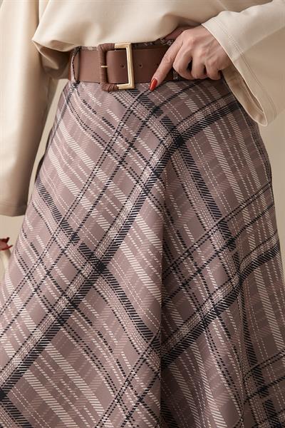 Kemerli Ekose Desenli Bej Etek