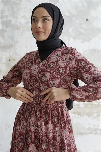 Kemerli Etnik Desen Mürdüm Şifon Elbise