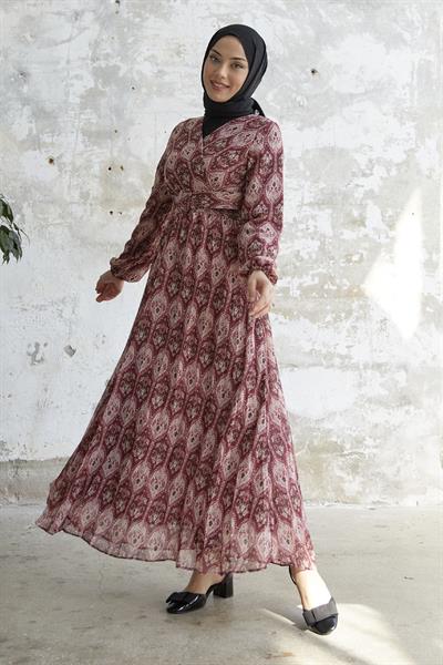 Kemerli Etnik Desen Mürdüm Şifon Elbise