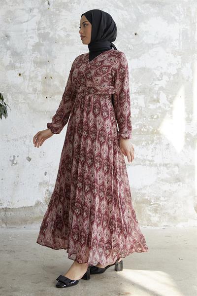 Kemerli Etnik Desen Mürdüm Şifon Elbise