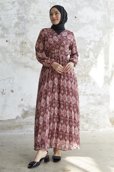 Kemerli Etnik Desen Mürdüm Şifon Elbise