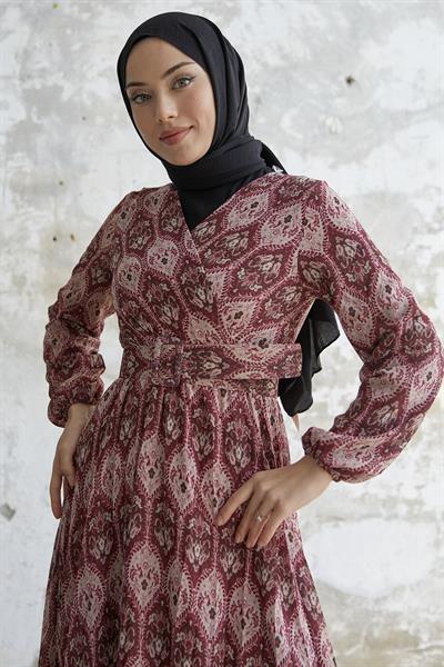 Kemerli Etnik Desen Mürdüm Şifon Elbise