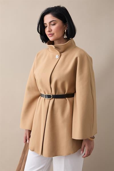 Kemerli Kaşe Camel Kısa Panço