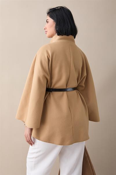 Kemerli Kaşe Camel Kısa Panço
