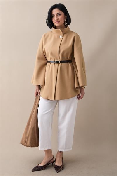 Kemerli Kaşe Camel Kısa Panço