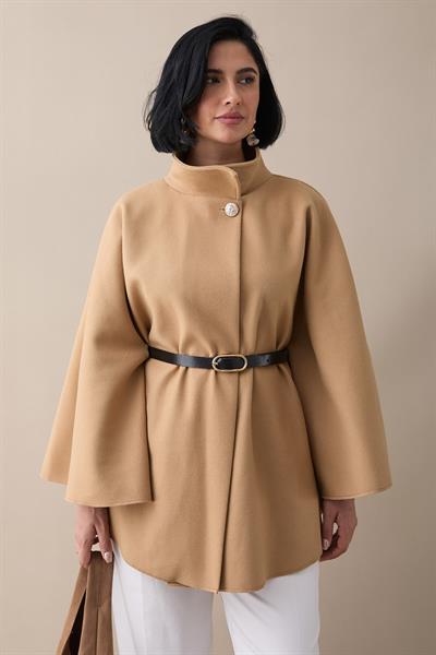 Kemerli Kaşe Camel Kısa Panço