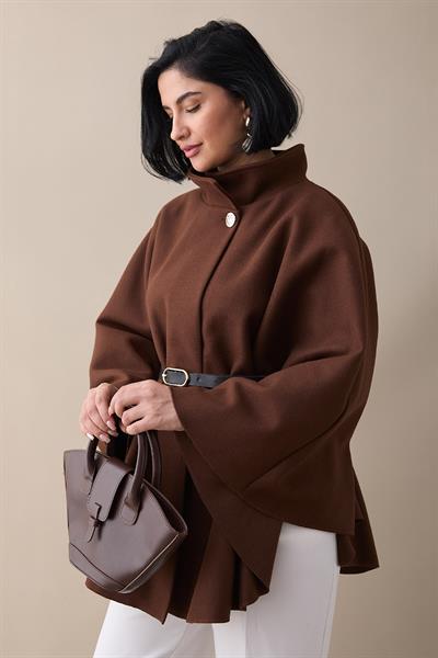 Kemerli Kaşe Taba Kısa Panço