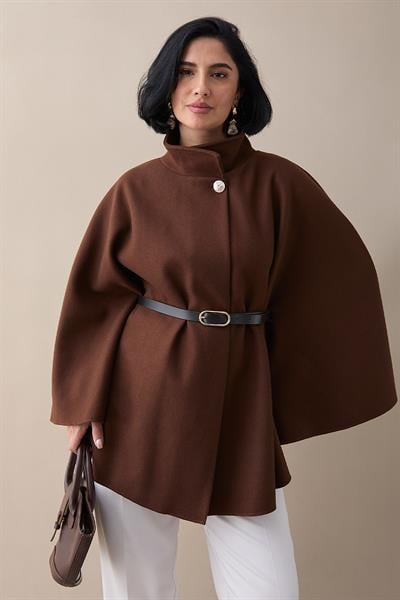 Kemerli Kaşe Taba Kısa Panço