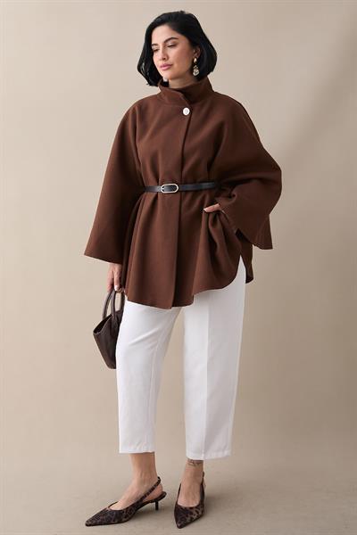 Kemerli Kaşe Taba Kısa Panço