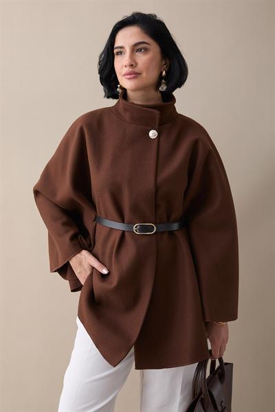 Kemerli Kaşe Taba Kısa Panço