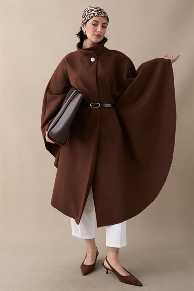 Kemerli Kaşe Kahverengi Uzun Panço