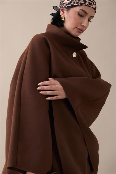 Kemerli Kaşe Kahverengi Uzun Panço