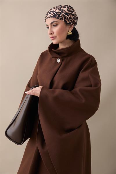 Kemerli Kaşe Kahverengi Uzun Panço