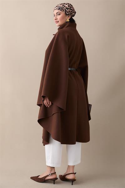 Kemerli Kaşe Kahverengi Uzun Panço