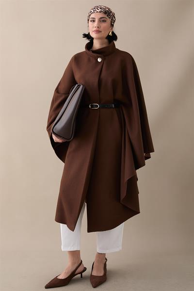 Kemerli Kaşe Kahverengi Uzun Panço