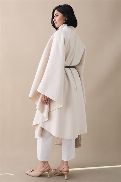 Kemerli Kaşe Krem Uzun Panço