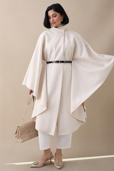 Kemerli Kaşe Krem Uzun Panço