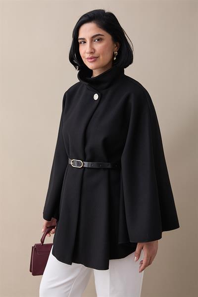 Kemerli Kaşe Siyah Kısa Panço