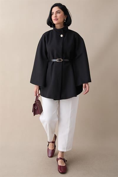 Kemerli Kaşe Siyah Kısa Panço