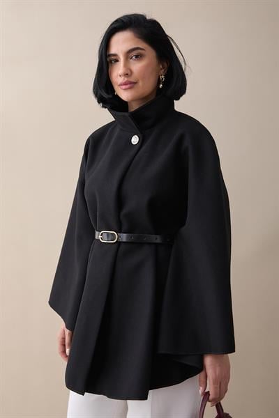 Kemerli Kaşe Siyah Kısa Panço