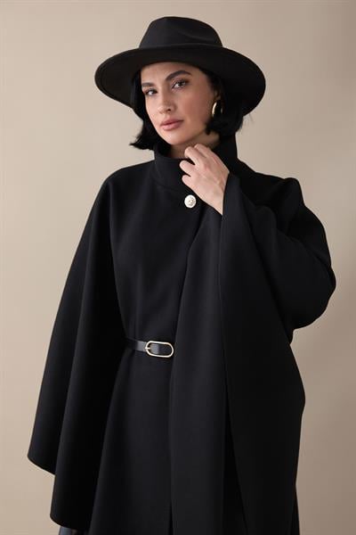 Kemerli Kaşe Siyah Uzun Panço