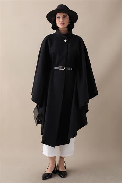 Kemerli Kaşe Siyah Uzun Panço