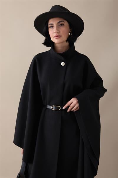 Kemerli Kaşe Siyah Uzun Panço