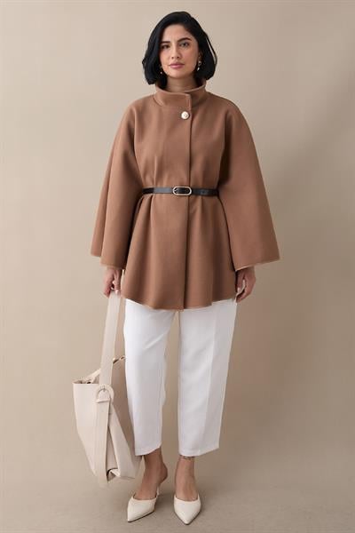 Kemerli Kaşe Sütlü Kahve Kısa Panço