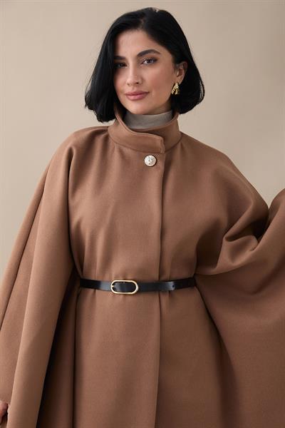 Kemerli Kaşe Sütlü Kahve Uzun Panço