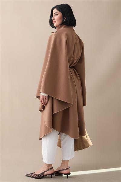 Kemerli Kaşe Sütlü Kahve Uzun Panço