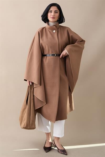 Kemerli Kaşe Sütlü Kahve Uzun Panço