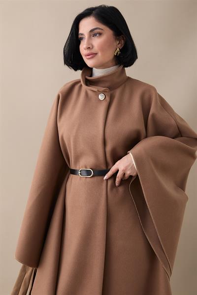 Kemerli Kaşe Sütlü Kahve Uzun Panço