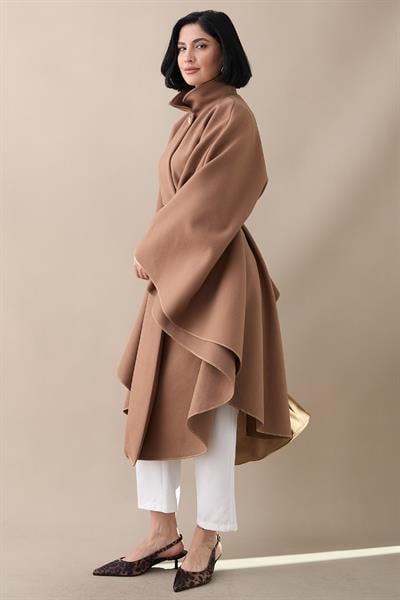 Kemerli Kaşe Sütlü Kahve Uzun Panço