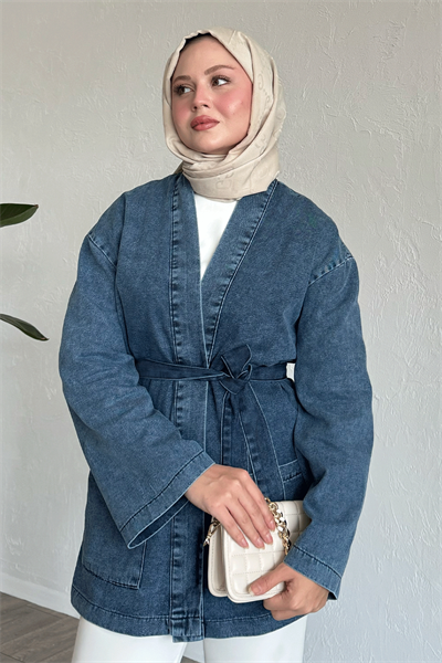 Kemerli Mavi Kot Kimono