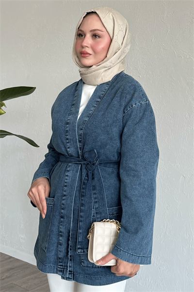Kemerli Mavi Kot Kimono