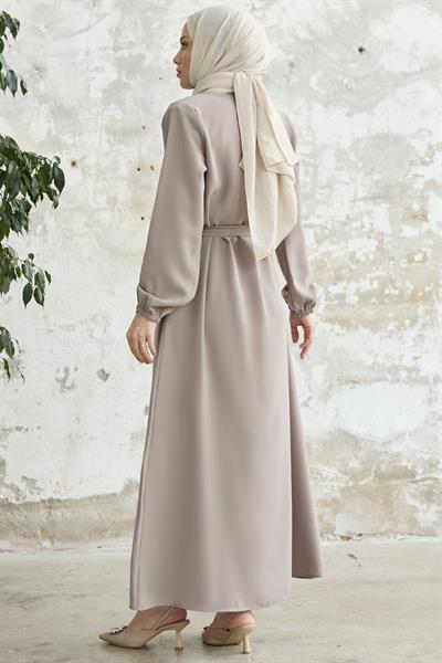 Kemerli Petek Kumaş Bej Ferace