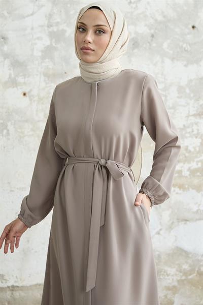 Kemerli Petek Kumaş Bej Ferace