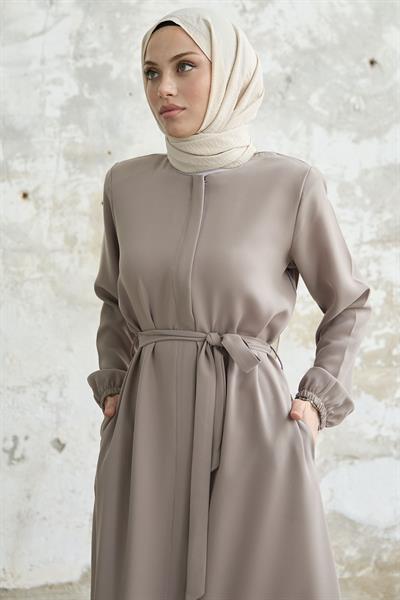 Kemerli Petek Kumaş Bej Ferace