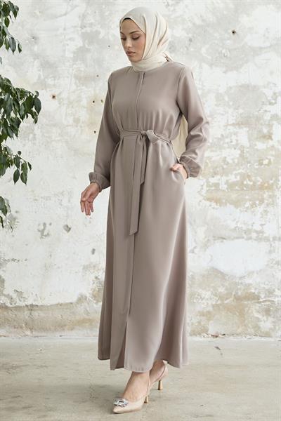 Kemerli Petek Kumaş Bej Ferace