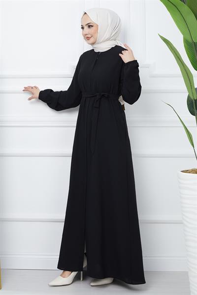 Kemerli Petek Kumaş Siyah Ferace