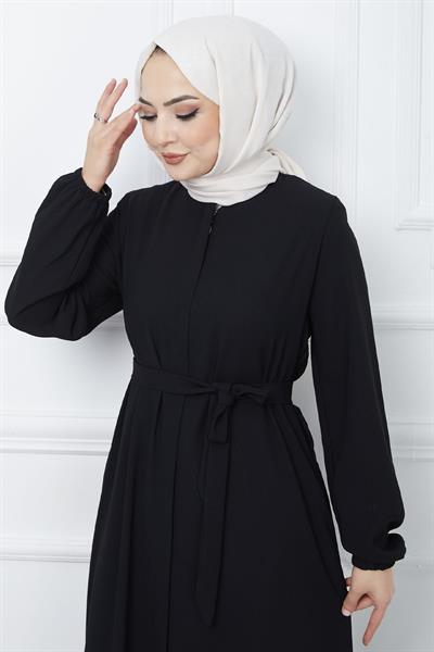 Kemerli Petek Kumaş Siyah Ferace