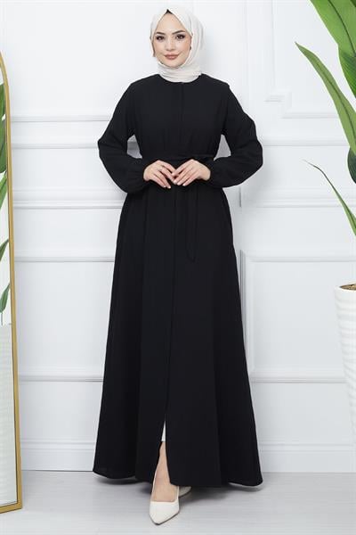 Kemerli Petek Kumaş Siyah Ferace