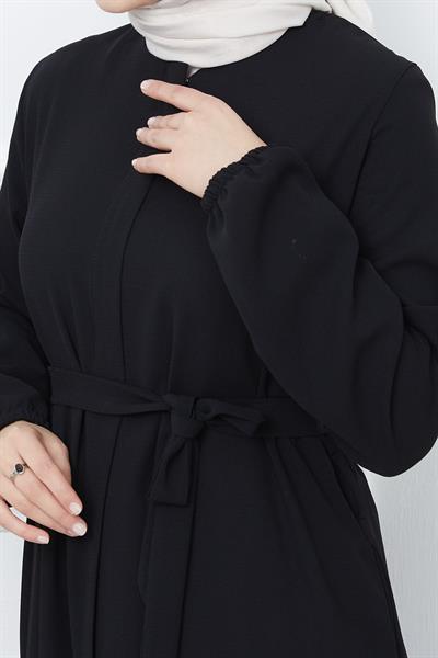 Kemerli Petek Kumaş Siyah Ferace