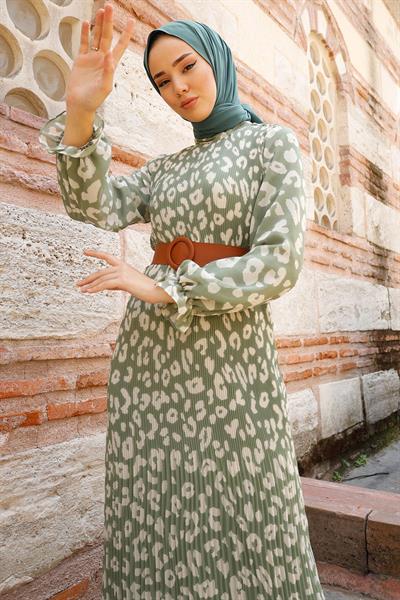 Kemerli Piliseli 2015 Şifon Elbise - Haki